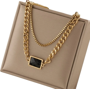 Zlatý řetízkový multi náhrdelník, chirurgická ocel, černý kámen