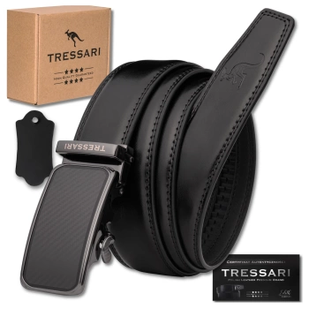 Pánský černý automatický pásek ke kalhotám, přírodní kůže, 125 cm TRESSARI
