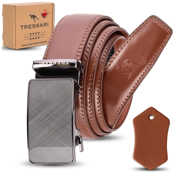 Pánský hnědý kožený opasek ke kalhotám TRESSARI 120 cm automatický