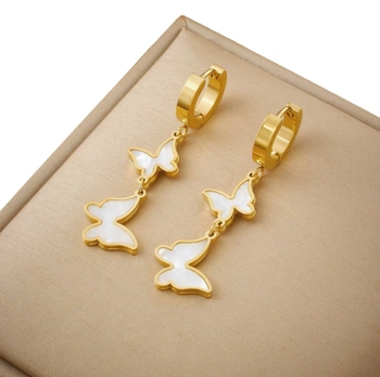 Zlaté závěsné náušnice z chirurgické oceli, dlouzí motýlci