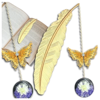 Kovová záložka, zlaté peříčko s křišťálovým motýlem