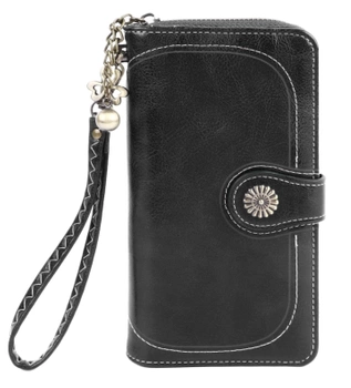 Dámská černá kožená peněženka, ozdobná, velká, prostorná klíčenka