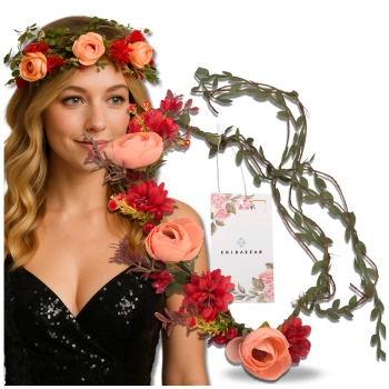 Věnec Čelenka do vlasů Květiny Růže Červená Boho Styl