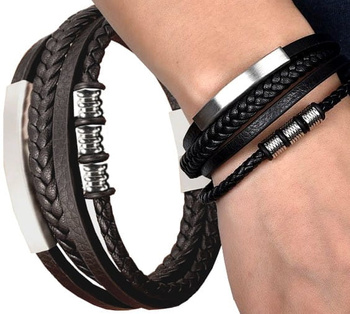 Pánský náramek z nerezové oceli punk hnědé kůže