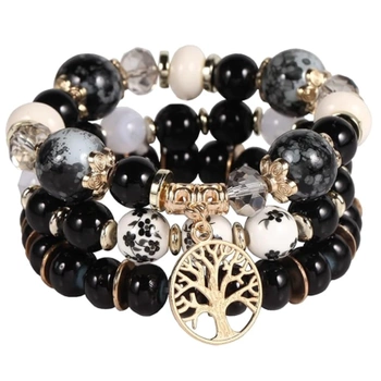 Sada černých korálkových náramků se stromem štěstí