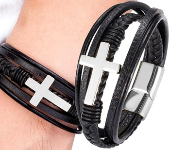 Černý kožený multicross náramek