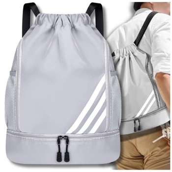 Šedý sportovní batoh na gymnastický trénink se stahovací šňůrkou