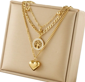 Zlatý náhrdelník ze stromu, chirurgická ocel, trojité srdce