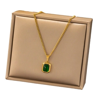 Elegantní zlatý náhrdelník, chirurgická ocel, zelený zirkon, řetízek