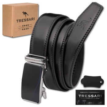 TRESSARI pánský pásek 115cm černý ke kalhotám, automatická přezka, přírodní kůže