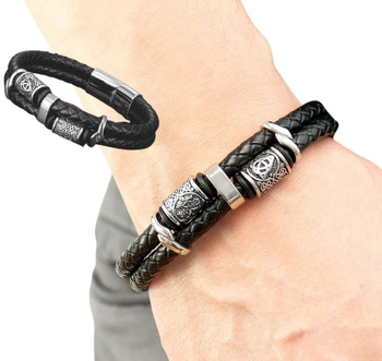 Pánský černý kožený náramek ze severského copu