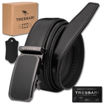 Pánský černý pásek na kalhoty, 125 cm, automat, přírodní kůže, TRESSARI