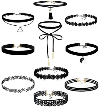 Černá sada 10 ks náhrdelníku CHOKER se šňůrkou celebrit