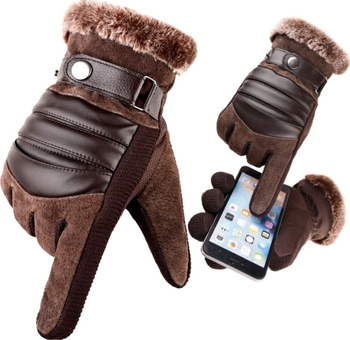 Hnědé zimní pánské kožené dotykové rukavice