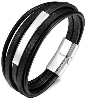 Kožený náramek punk černý pánský z nerezové oceli