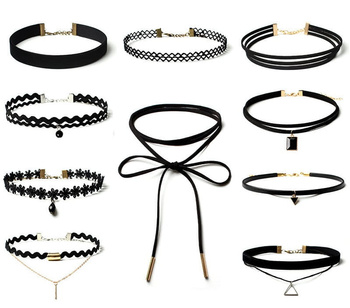 Černá sada 10 kusů náhrdelníku CHOKER se šňůrkou celebrit