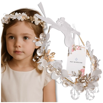 Bílá čelenka pro děti zlatý diadém věnec zirkony perly