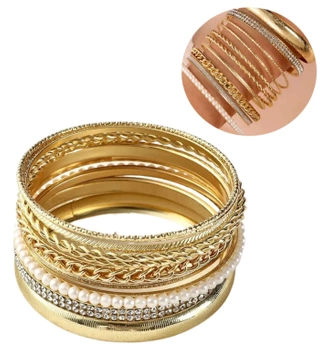 Zlatý kruhový náramek se zirkony, sada 10 kusů, retro tuhé obroučky