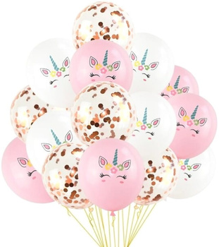 Sada 15 ks mix balónků jednorožec z růžového zlata narozeninové konfety