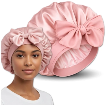 Saténová růžová čepice na spaní s ochrannými stuhami