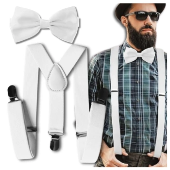 Pevné bílé šle na kalhoty, sada bílého motýlka