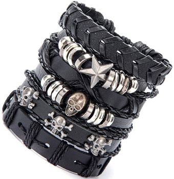 Kožený náramek PUNK černá sada lebky