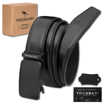 TRESSARI pánský černý pásek, 115cm, automatická přezka, přírodní kůže, ke kalhotám