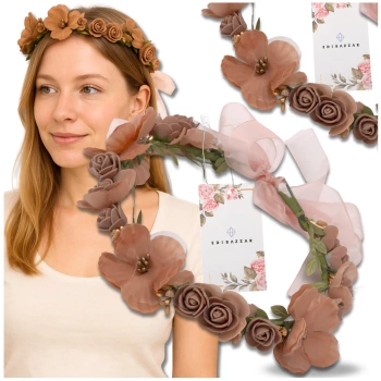 Věnec čelenka Květiny Hnědé Růže Boho Styl