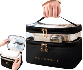 Čtvercová černá kosmetická taštička se dvěma úrovněmi