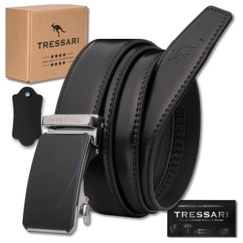Pánský černý automatický pásek TRESSARI, 125 cm, ke kalhotám, přírodní kůže