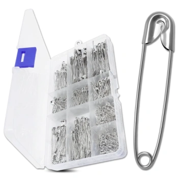 Sada 460 malých a velkých krejčovských zavíracích špendlíků, stříbrné